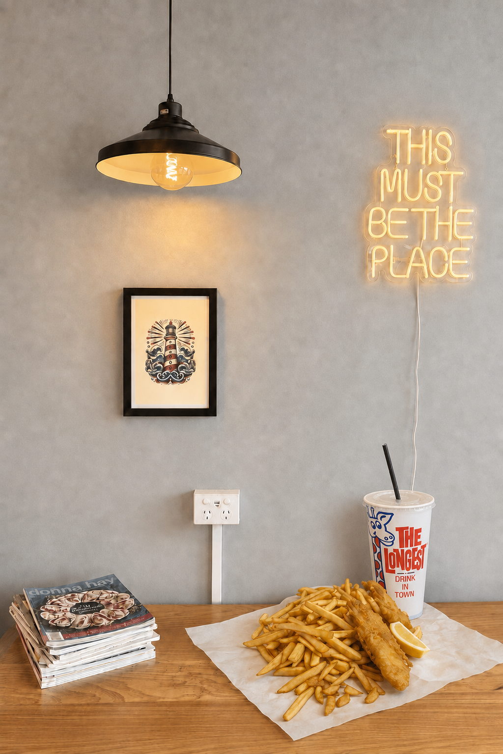 This Must Be The Place neon sign inside Bay Fish and Chips