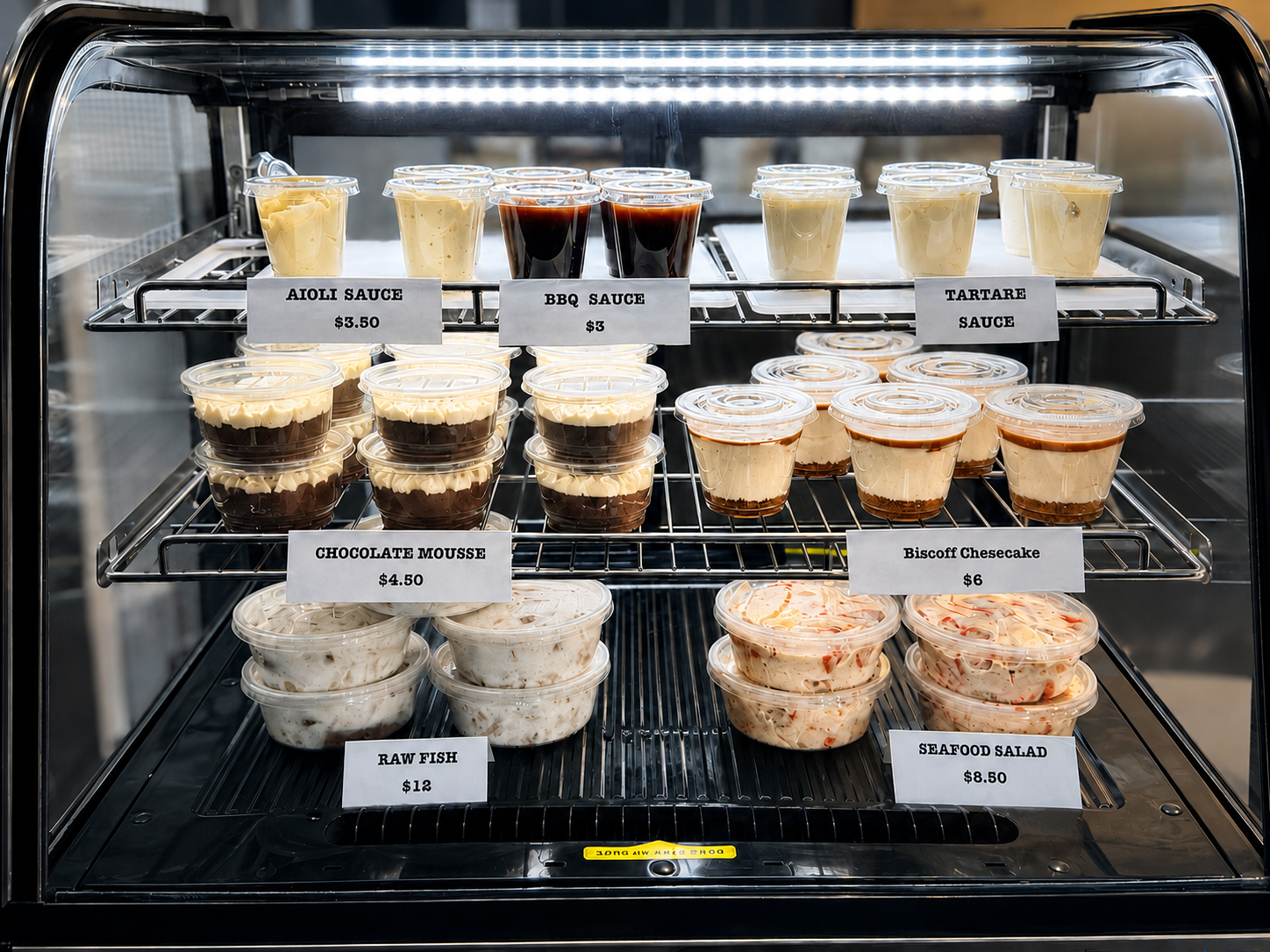 Display cabinet with desserts, sauces, seafood salad and raw fish in coconut cream