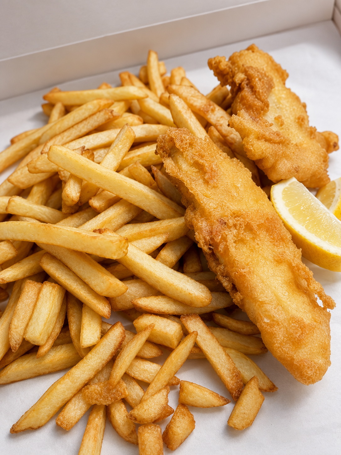Classic fish and chips with lemon