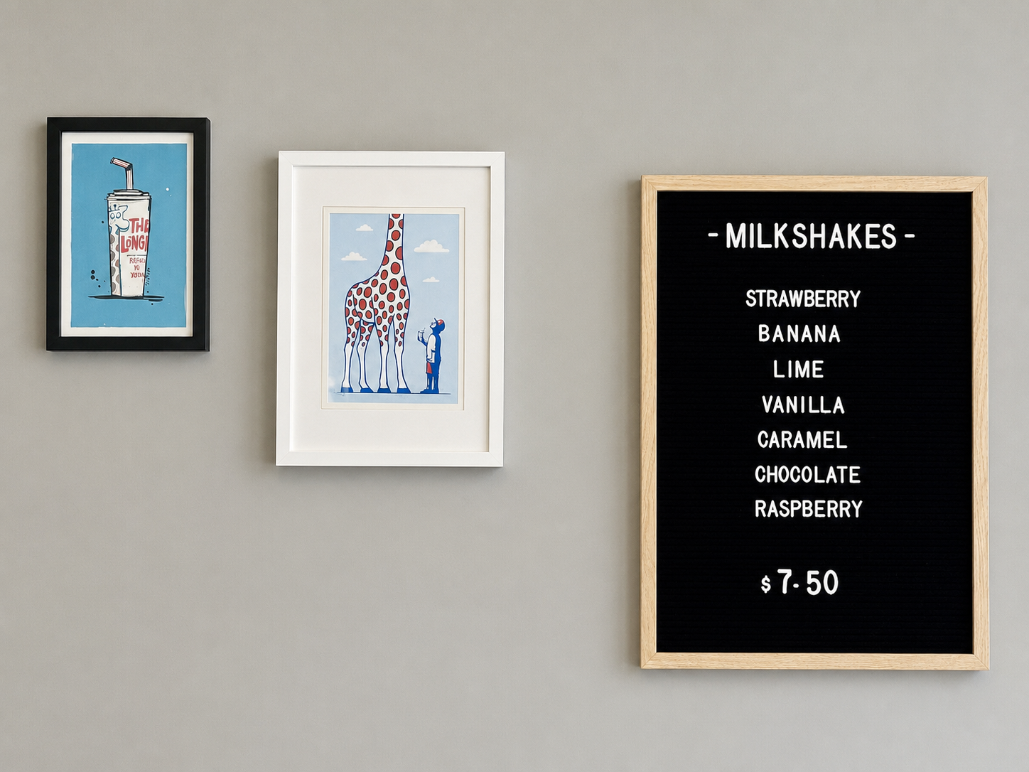 Milkshake menu and framed artwork inside Bay Fish and Chips