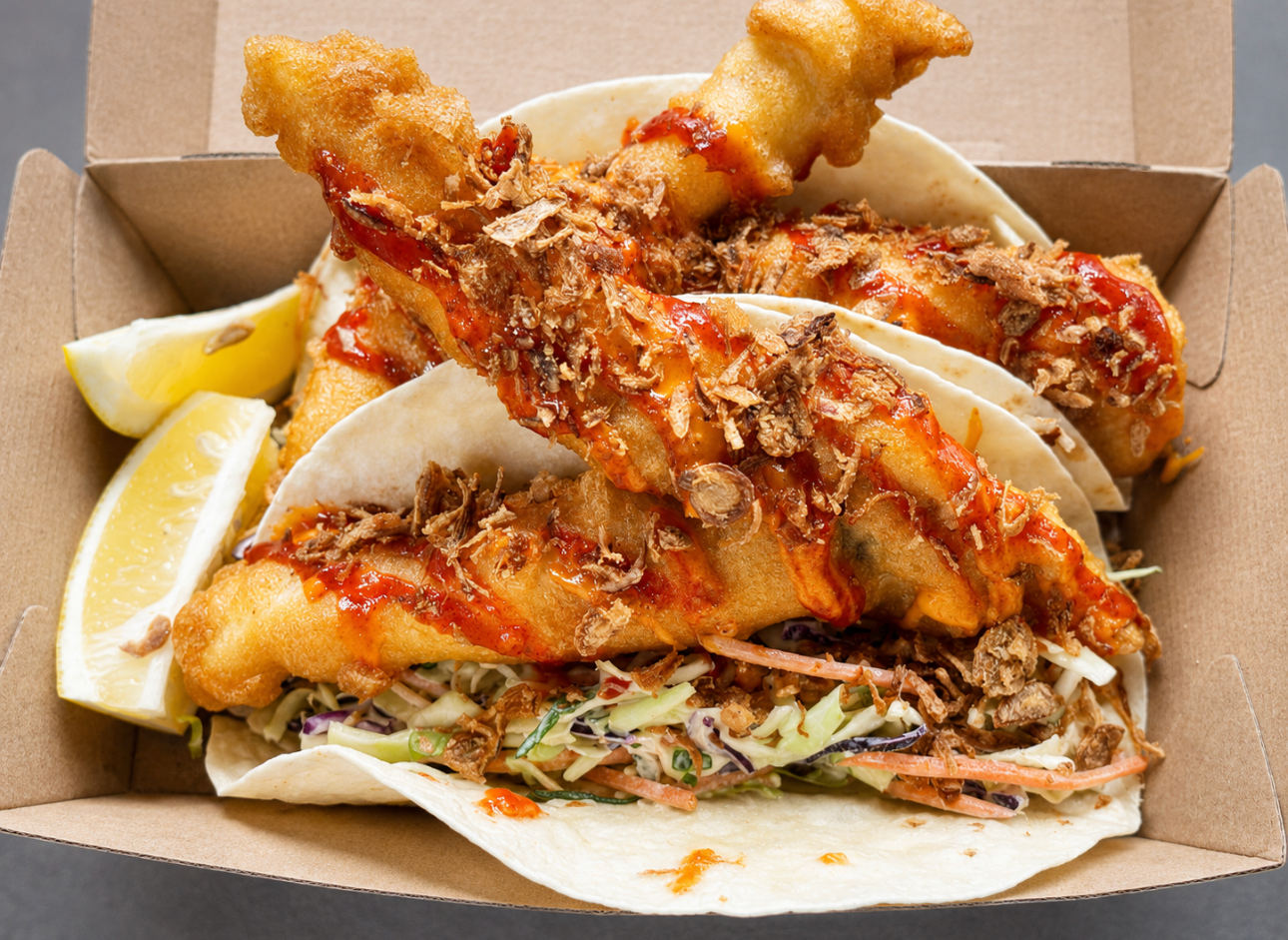 Spiced fish tacos with slaw and crispy shallots