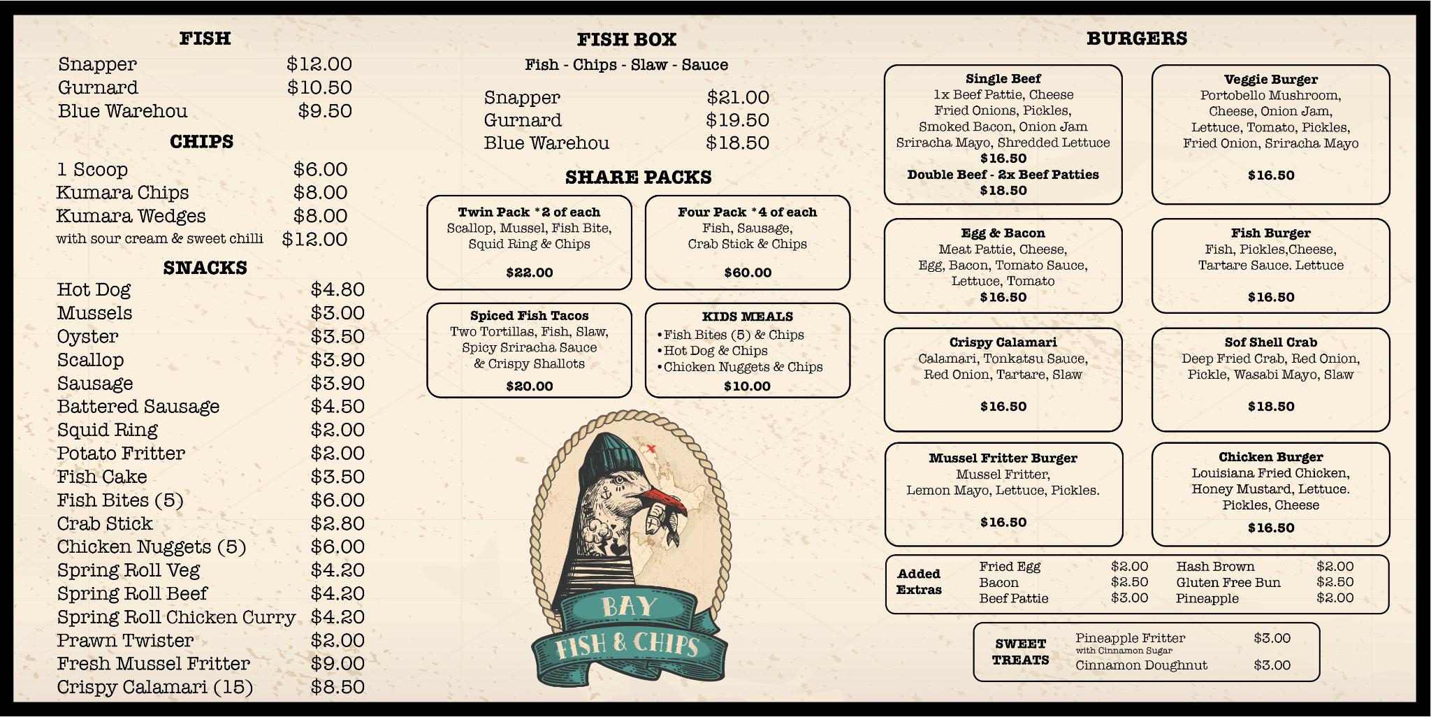 Bay Fish and Chips full menu board